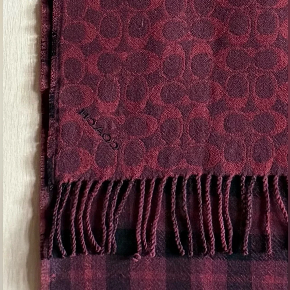 Coach Reversible Signature Plaid Wool Scarf Rich Burgundy Black OS